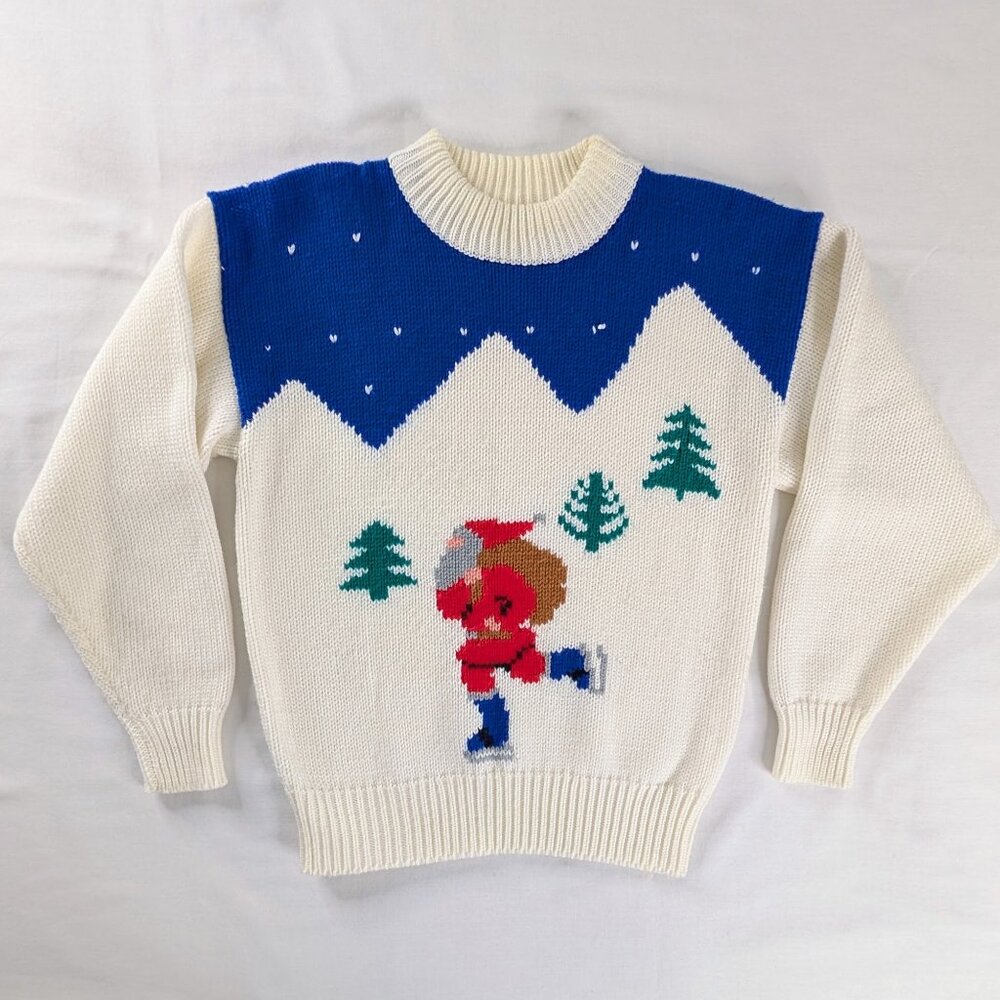 VTG Knit Santa Ice Skating Apres Ski Cream Blue Chunky Knit Holiday Sweater